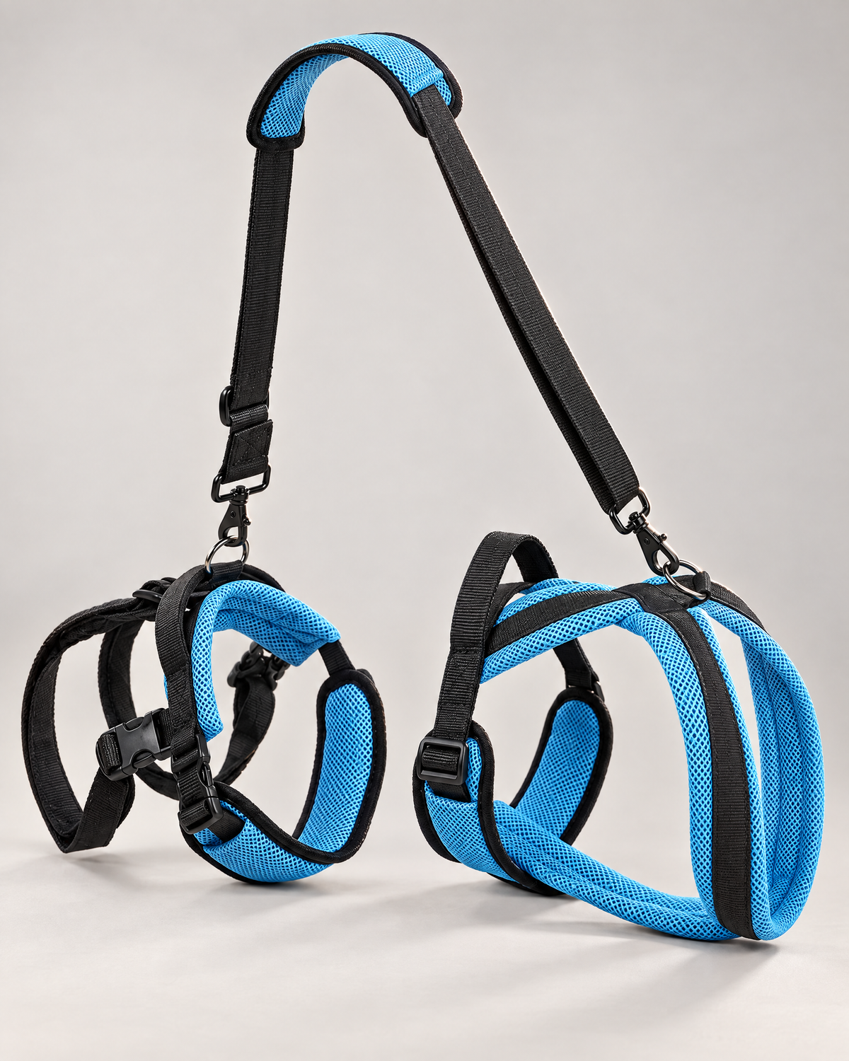 The two-piece harness: chest piece, rear piece with two leg loops, and the shoulder strap (product render)